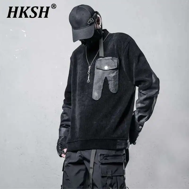 

HKSH Uniquely Designed Men's Dark Style Yamamoto Personalized Pocket Fake Two-piece Spliced Functional Hoodie Long Sleeve HK4100