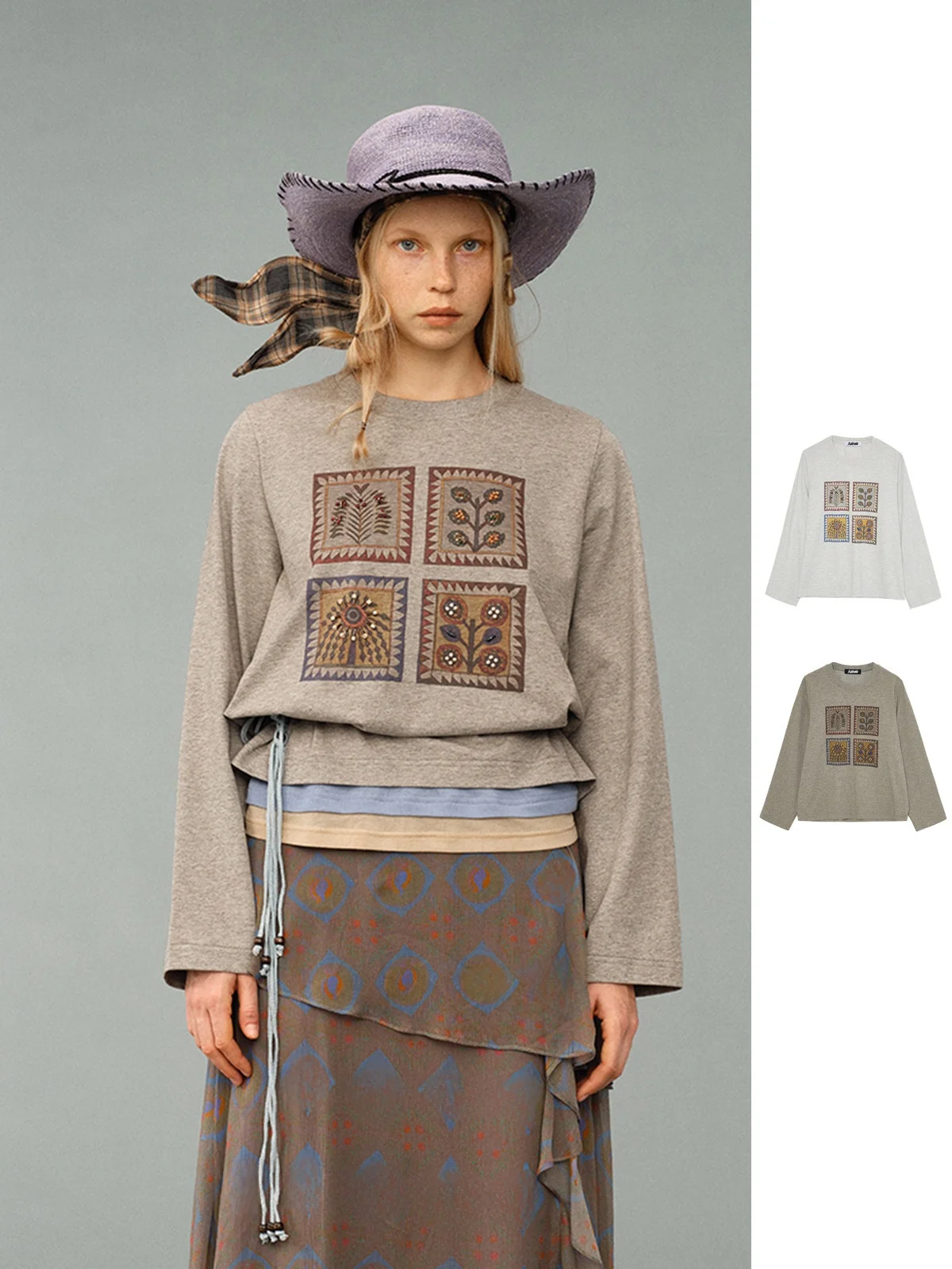 

New Handmade Beaded Print Long Sve Gogobuyer Brand T-irt Vintage Sle round Ne Loose Fit Ladies Casual Wear