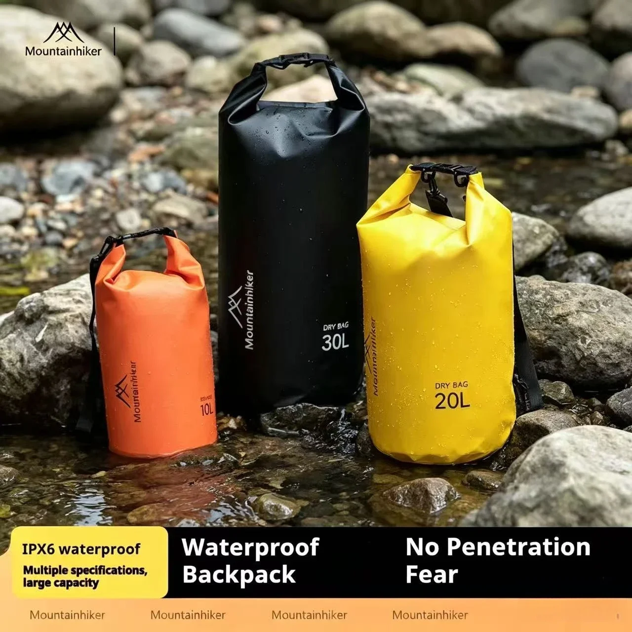 One Waterproof Dry Bag, Available in 30L/20L/10L/5L Capacities, Features an Internal Zippered Pocket and Roll-Top Closure, Effec