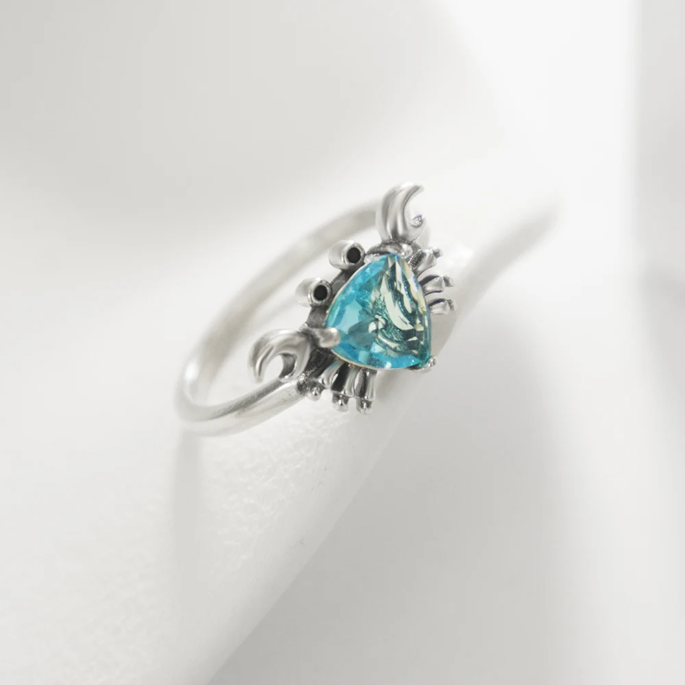 Women's 925 Silver Sapphire Crab Animal Ring