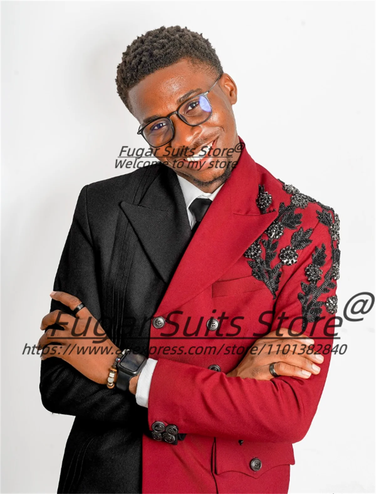 Fashion Black and red splicing Men Suits Customized Shiny Beading Groom Wedding Tuxedos 2 Pcs Sets Male prom Blazers Ropa Hombre