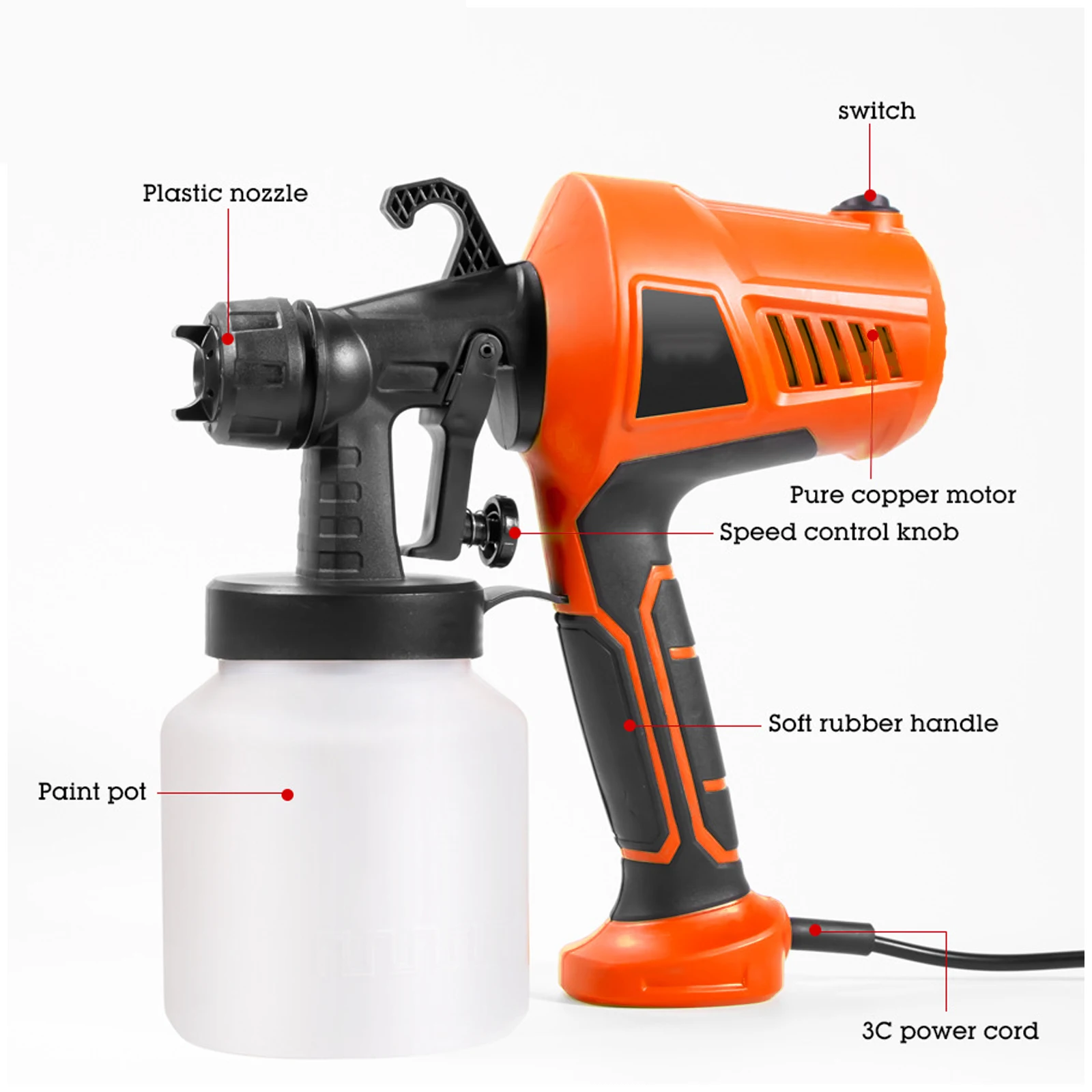 Imagem -02 - Pistola Elétrica Doméstica Pulverizador de Pintura Controle de Fluxo Fácil Pulverização Grande Capacidade Hvlp Tamanhos de Bicos 1200ml 550w