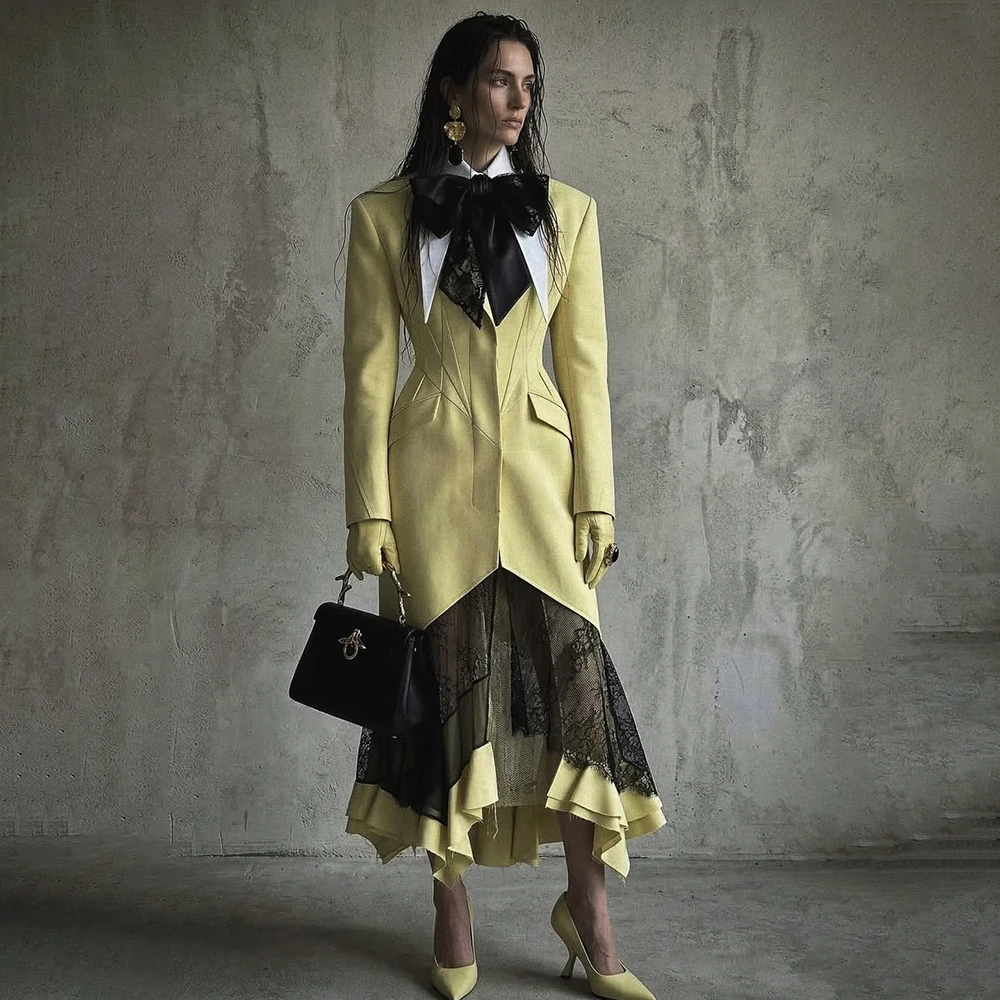Elegant Women Bright Yellow Long Blazer Dress Black Bow Sheer Lace Patchwork Structured Formal Party Office Statement Gown