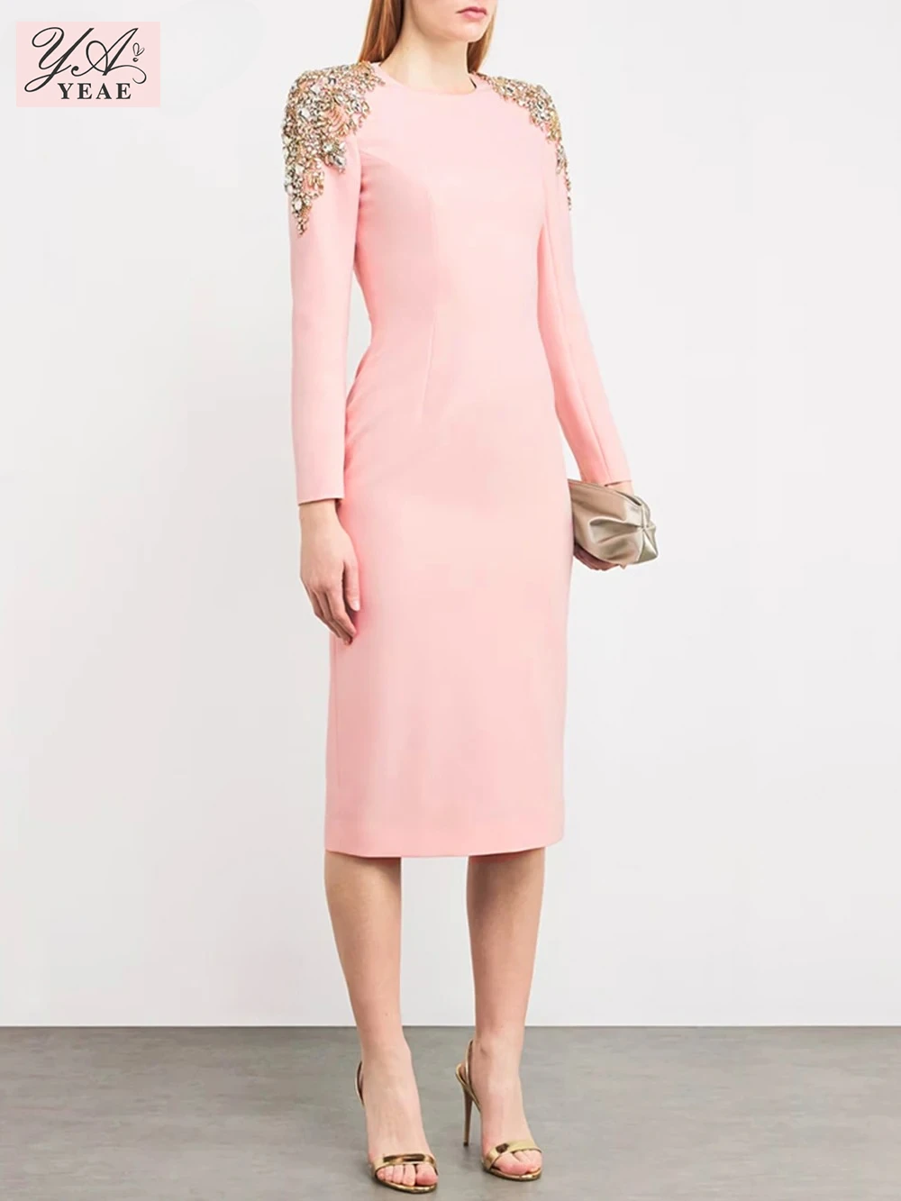 

YEAE 2025 New arrivals Autumn Fashion Heavy Industry Diamond Slim Midi Dress Pink Women's Long sleeves Female Vestidos