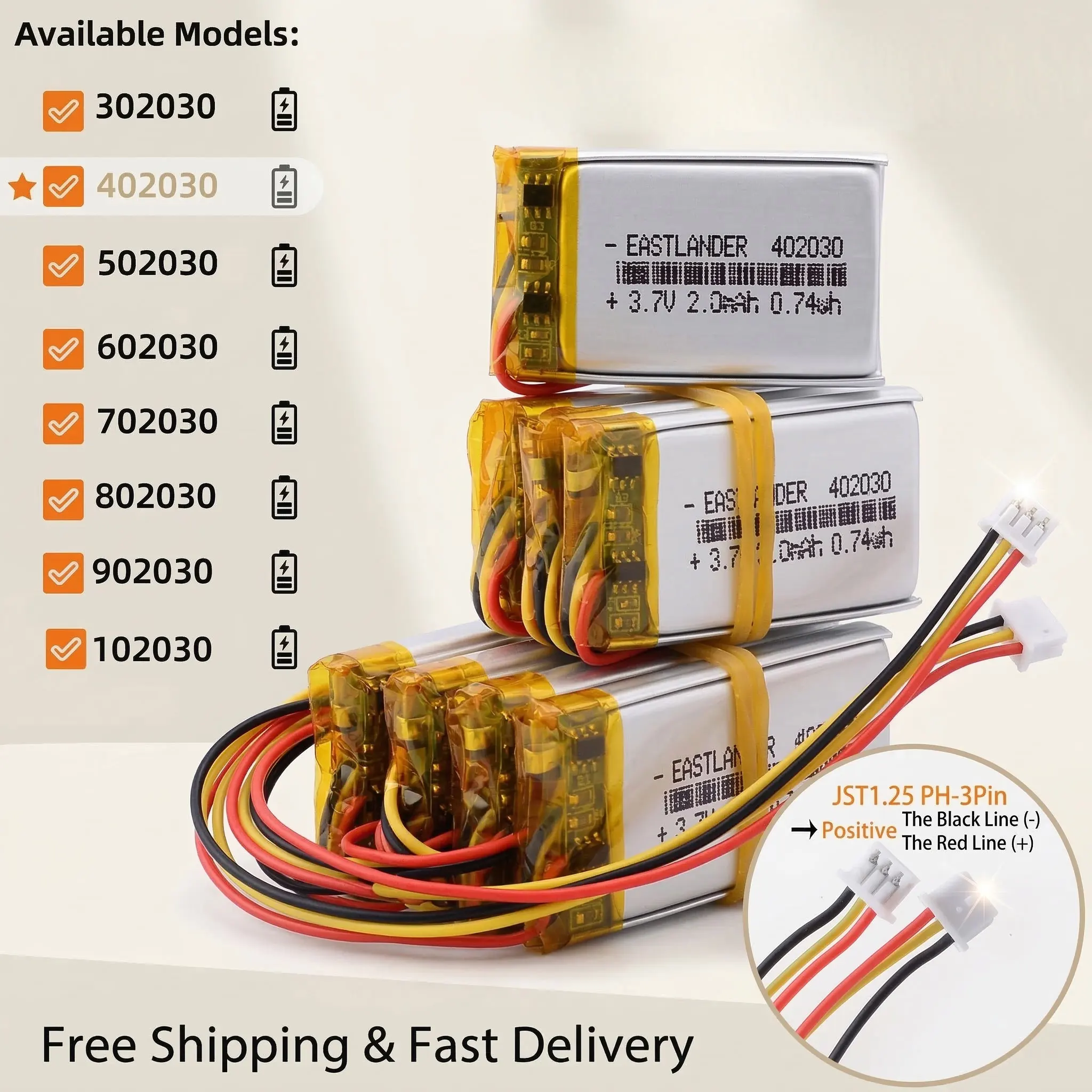 

3.7V 200mAh 1.25mm 3pin Rechargeable LiPo Battery Compatible with 302030 402030 502030 602030 702030 802030 902030 102030