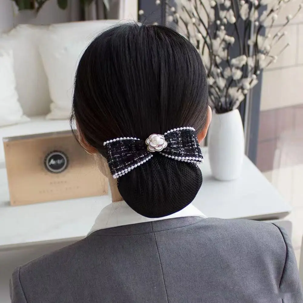 Fashion Chic Pearl Bowknot Hairclip With Net Women Hairgrips Bank Hotel Stewardess Nurse Bun Snood Cover Hair Accessories