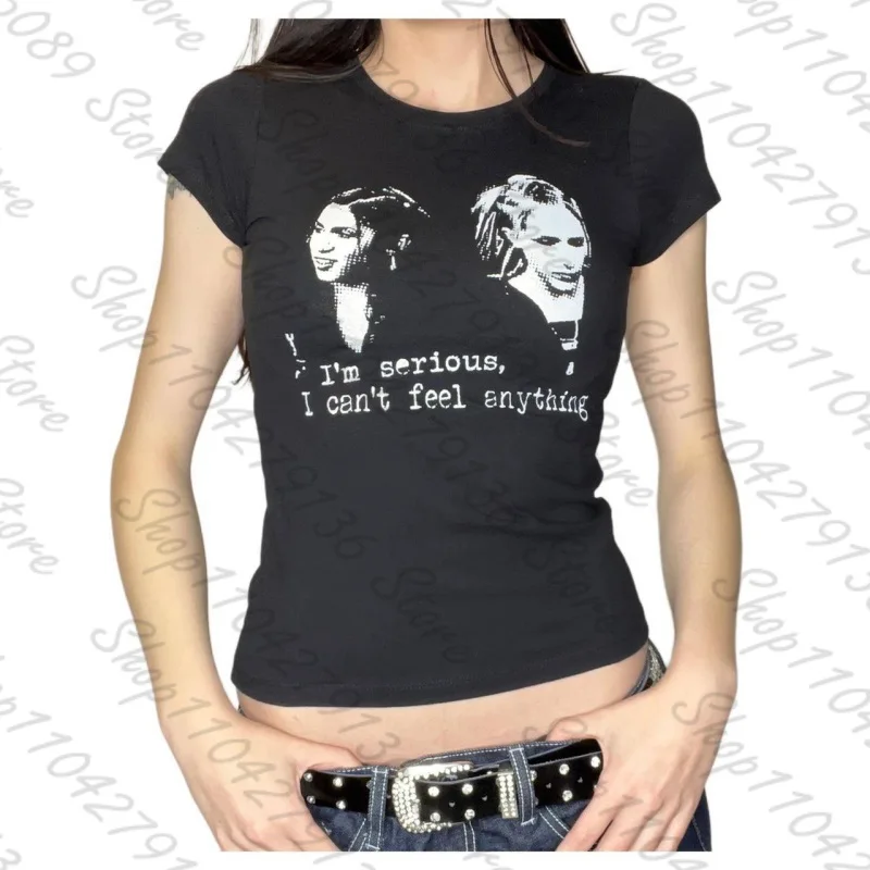 Women's T-shirt Harajuku crop Top Harajuku Retro Korean Black Demon Punk Gothic Anime Print Clothes Slim ropa mujer Y2k