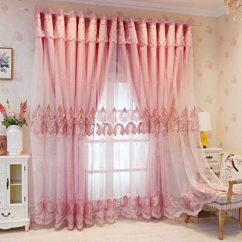 1 Panel 132cm Width European Double Layer Curtain with Valance for Living Room Bedroom Embroidered Luxury Curtain