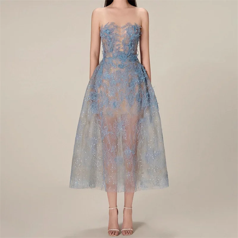 

Womens dresses 2025 summer New lace flower embroidery long dresses Sexy backless party dresses Half transparent Evening dresses