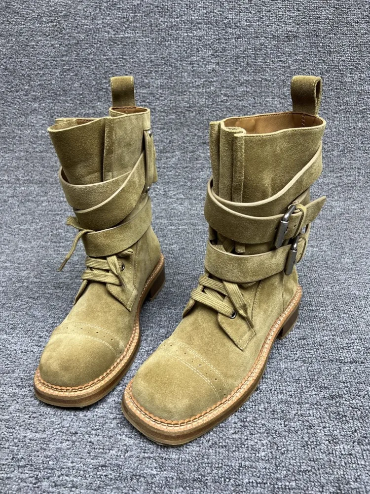 New Retro Womens Elegant Khaki Cow Suede Leather Comfortable Square Toe Boots Mid Heel Chunky Heels Ankle Boot Fashion Handmade