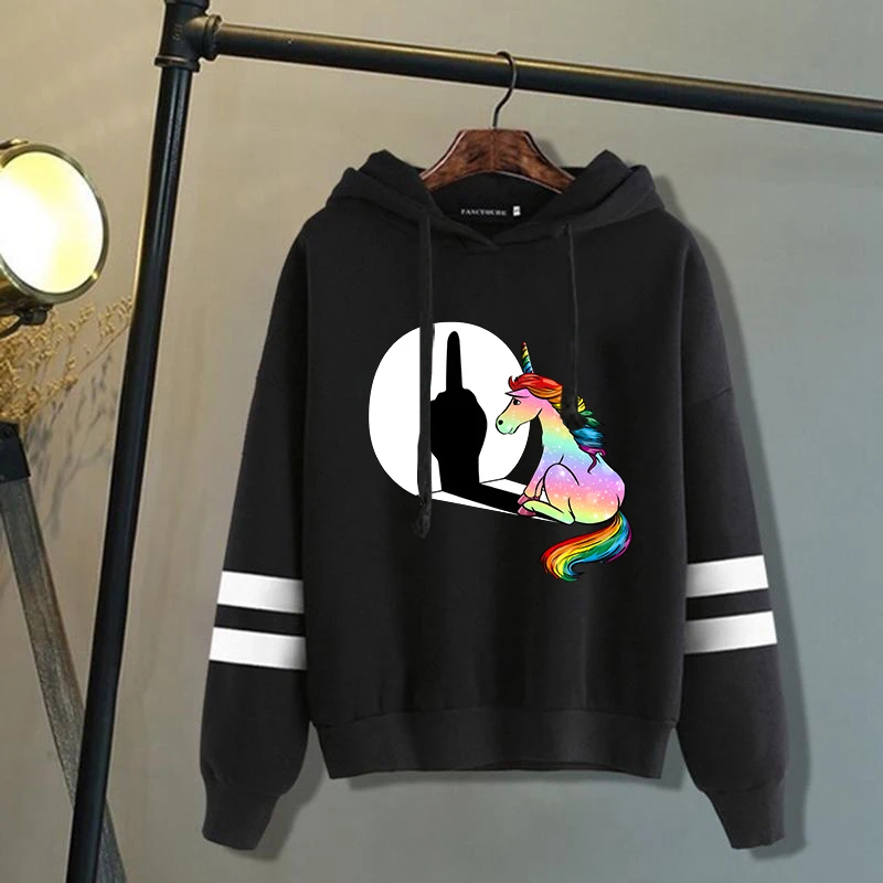 

Hot Unicorn Middle Finger Printed Women Men Hoodie Loose Pullover Hooded Plus Size Autumn Winter Long Sleeve Stripe Sweatshirt