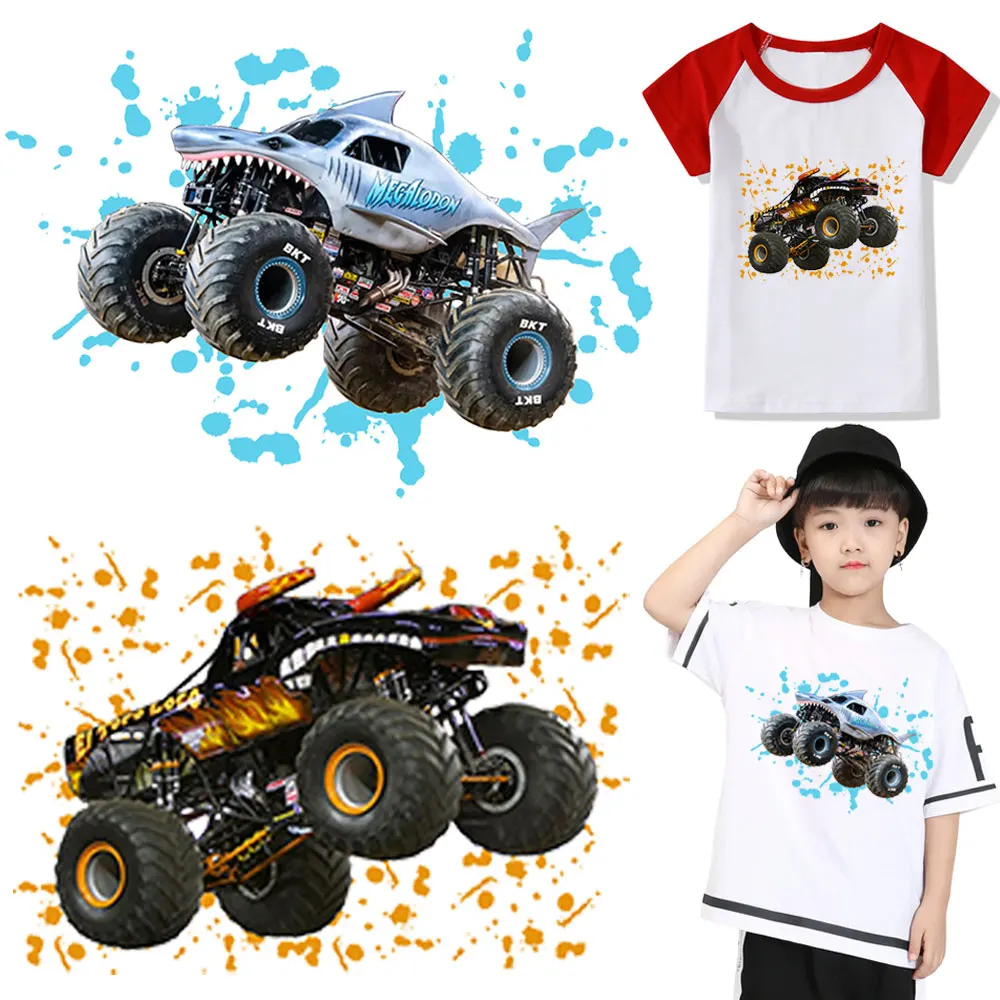 Cartoon Monster Truck Thermo Stickers Iron On Transfer Heat Transfer  Stripes Patches Megalodon Badge On Children Shirt Applique