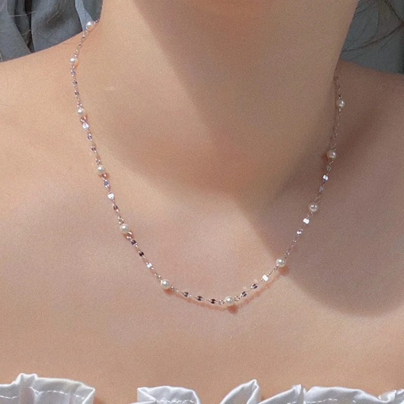 

925 Sterling Silver Romantic Pearl Chain Choker Necklace for Women Girls Fashion Jewelry Wedding Party Birthday Accessories Gift