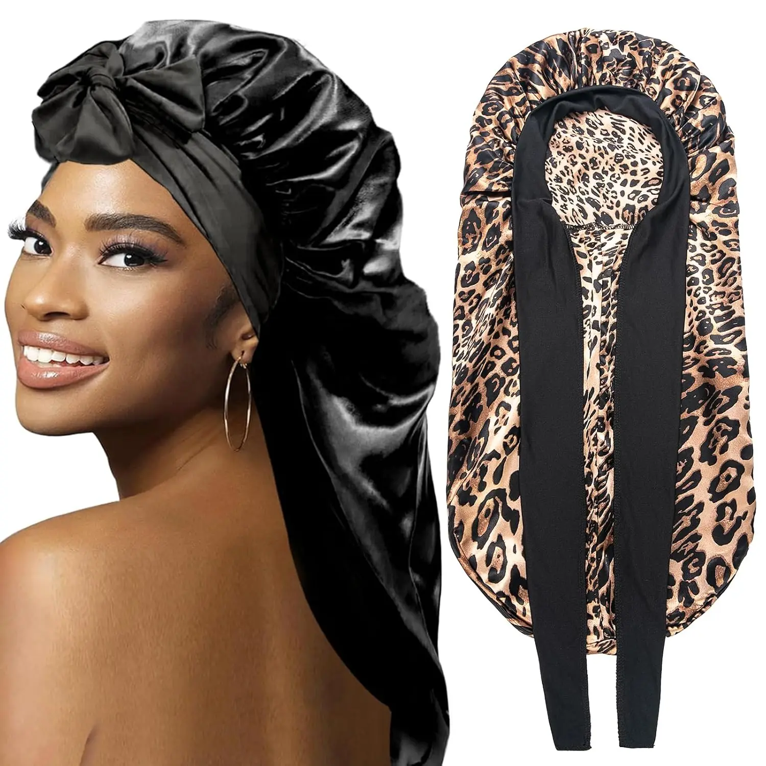 

Long Satin Bonnet For Braids With Tie Band Jumbo Silk Sleeping Cap For Locs Stay On All Night Adjustable Hair Bonnet