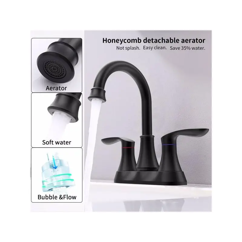 Bateria łazienkowa w kolorze matowej czerni z odpływem pop-up i wężami doprowadzającymi wodę, dwuuchwytowa, obrót 360 stopni °   Wysoki, obrotowy kran do umywalki łazienkowej o średnicy 6 cali.