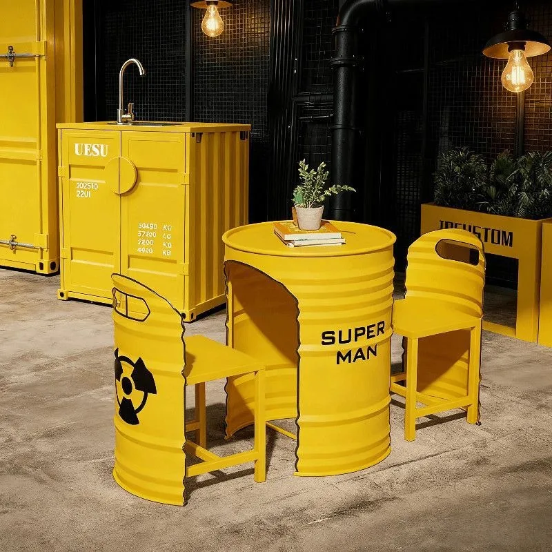 Trendy shop industrial wind oil drum tables and chairs Internet celebrity clock in cafe bar gym reception lounge outside the boo