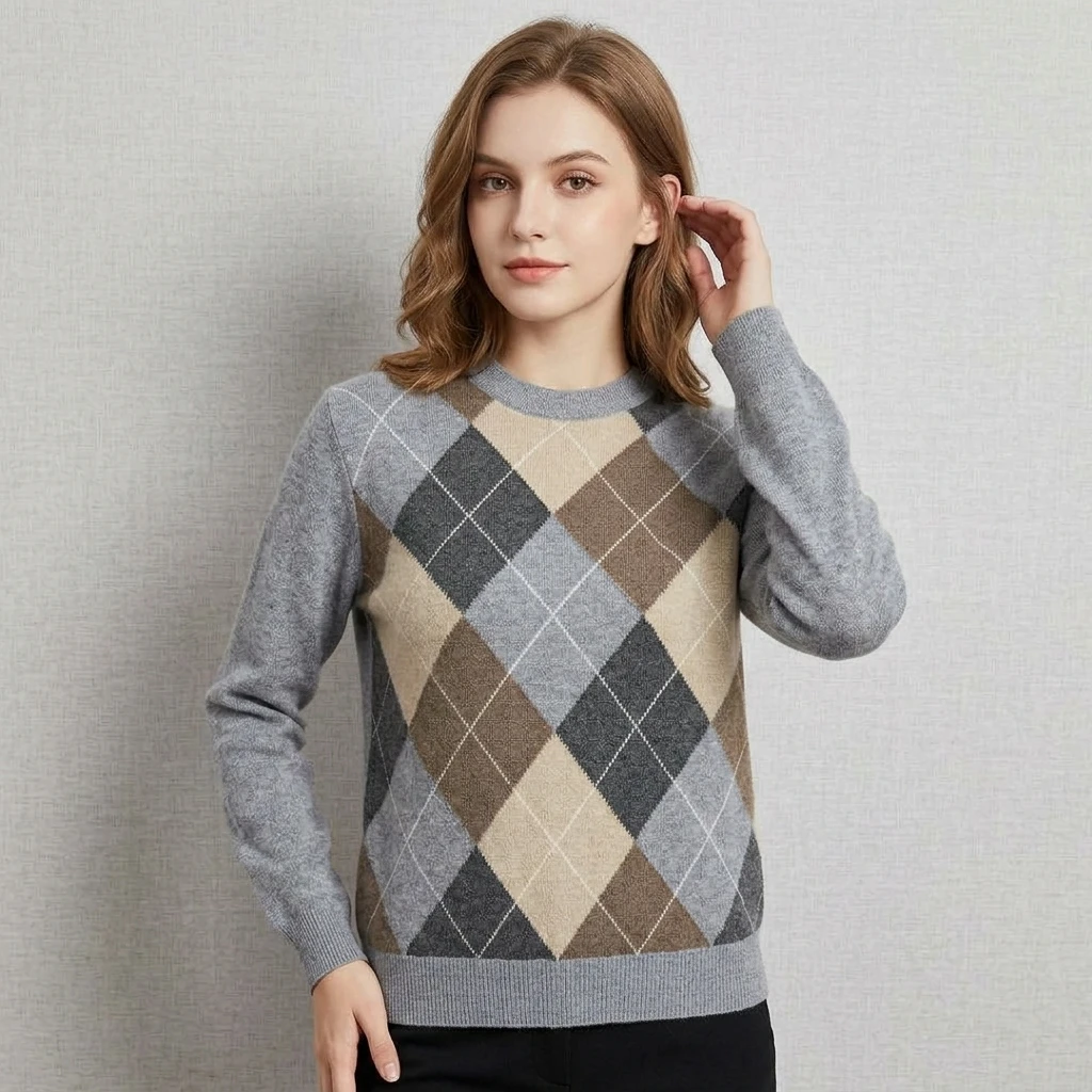 2026Women's Autumn/Winter Diamond-Pattern Cashmere Crew-Neck Long-Sleeve Pullover