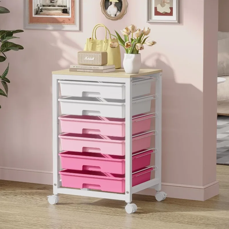 

Storage Cart with 6 Drawers, Utility Cart with Pink Drawers and Wooden Tabletop,Craft Storage, Teacher Cart, Storage Cart