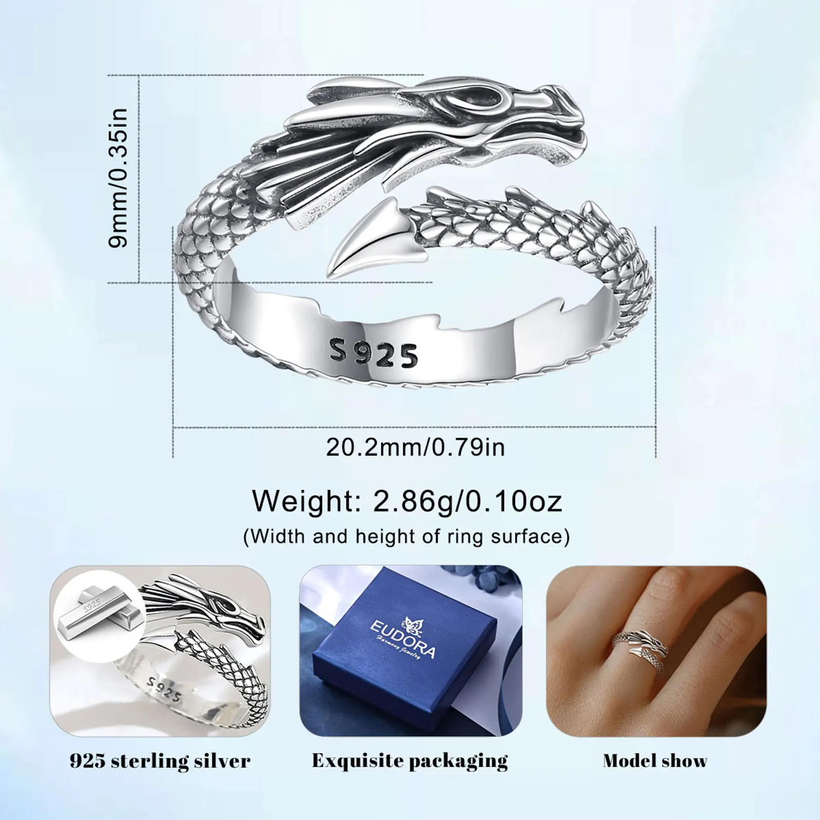 Eudora 925 Sterling Silver Dragon Adjustable Ring Temperament Personality Cool Dragon Ring Vintage Jewelry Gift for Men Women - Image 2