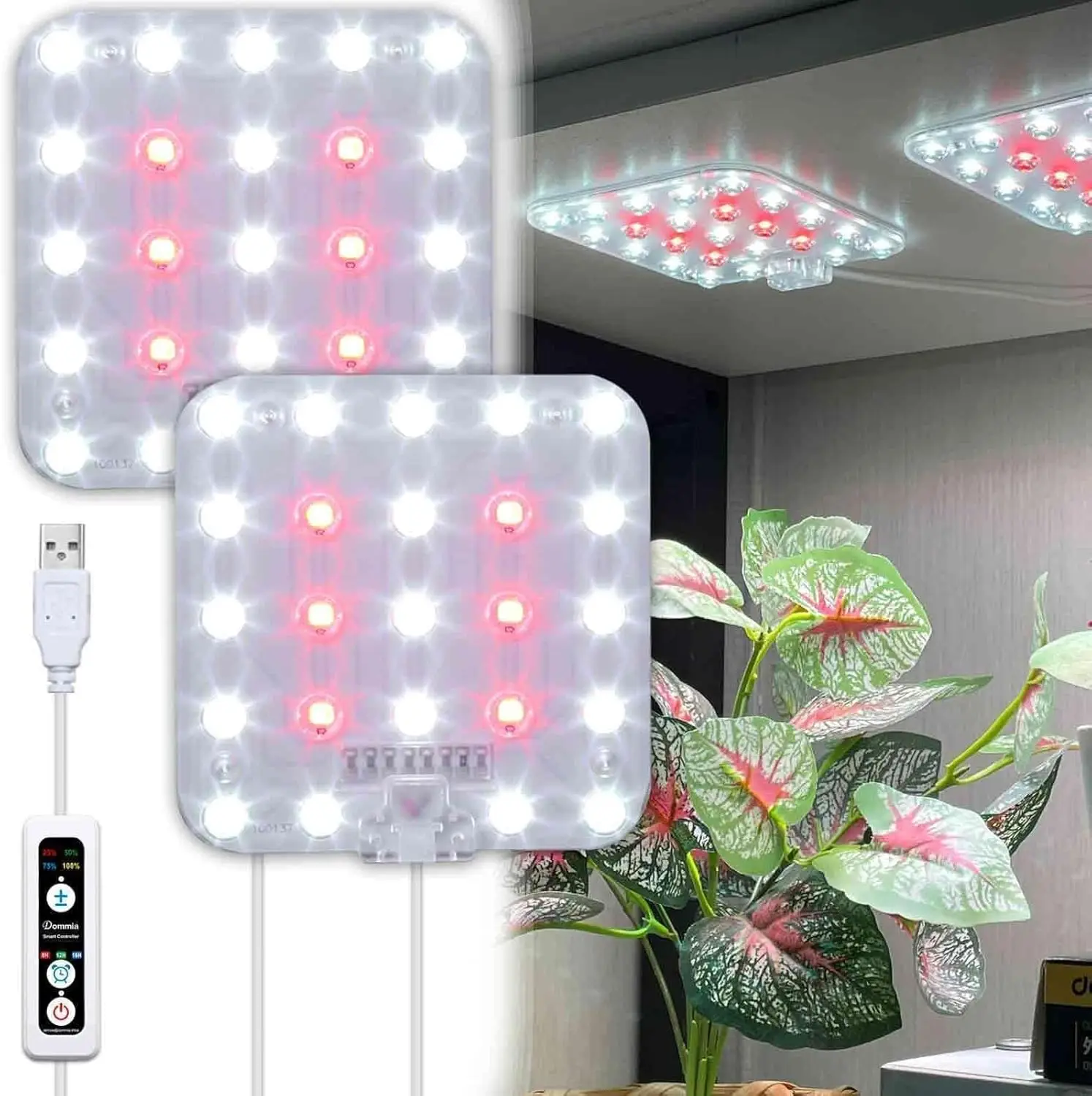 

Светодиодный светильник полного спектра для выращивания растений в помещении, 2 панели с таймером, регулируемой яркостью, USB, нейтральный белый свет, комплект из 2 штук