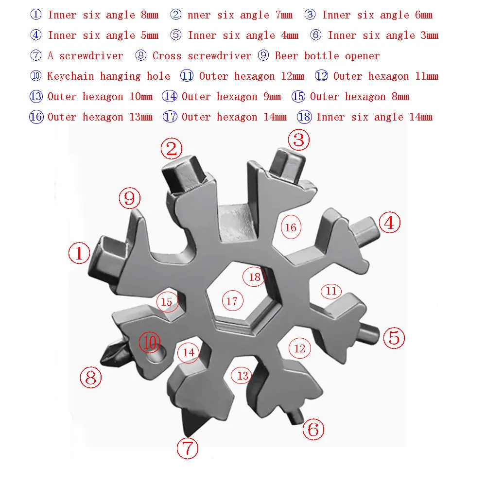 1 piece 18-in-1 Stainless Steel Snowflakes Multi-tool Herramienta 18 En 1 Multifunctional Tool Copo De Nieve Llave Multiusos