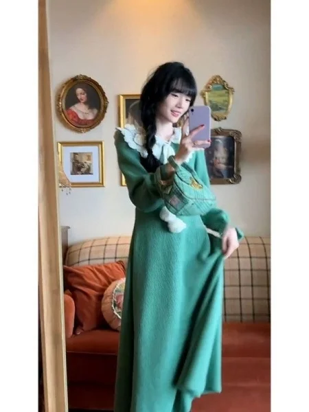 

plus Size een Lace Doll Collar Knitted Dr Women Gentle Waist Cinching Long A-Line Skirt Sle Casual Wear for Younger Look