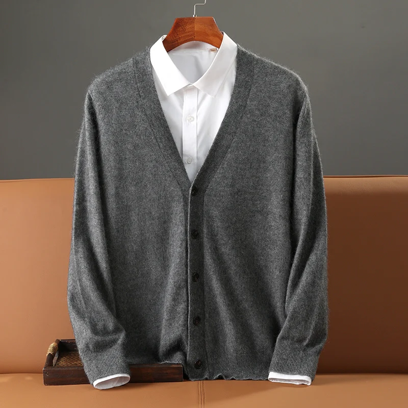 Autumn and Winter New men\'s 100% Mink Cashmere Sweater Knitted V-Neck Jacket Casual Business Long Sleeved Cardigan