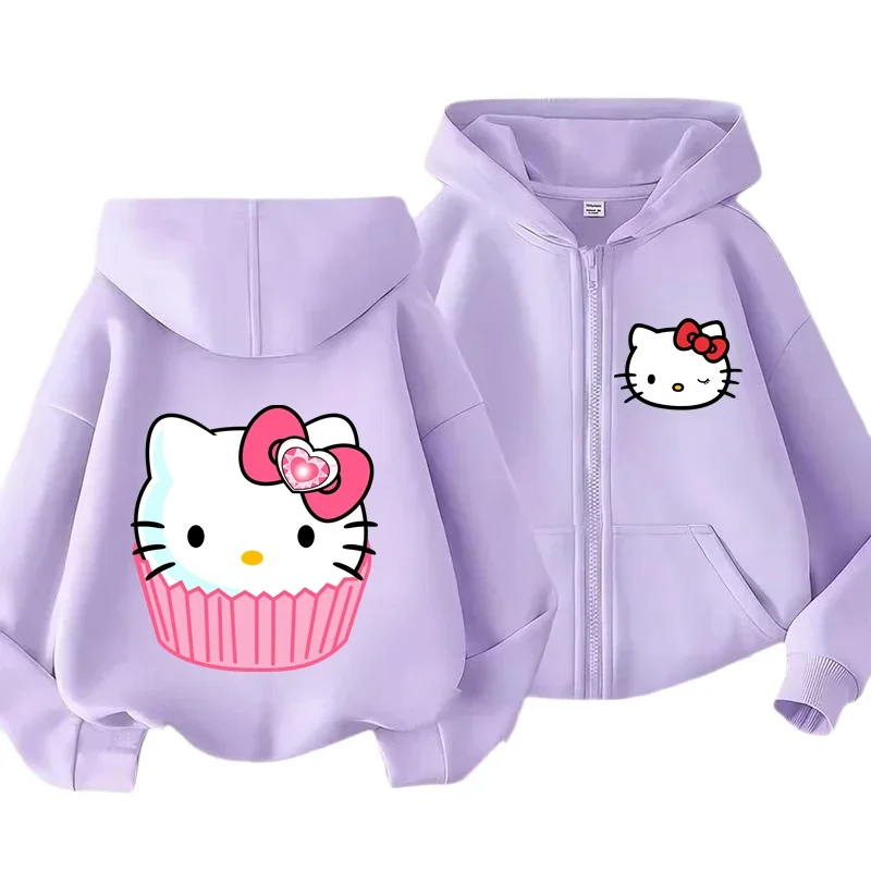 

Толстовка с капюшоном Hello Kitty, толстовки с круглым вырезом и молнией для детей от 3 до 14 лет, весенне-осеннее повседневное пальто Sanrio Kawaii