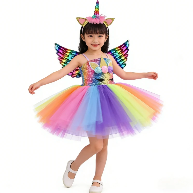 Sequins Rainbow Unicorn Costumes for Girls Birthday Party Outfit with Horns Wings for Kids Christmas Halloween Fancy Tutu Dress