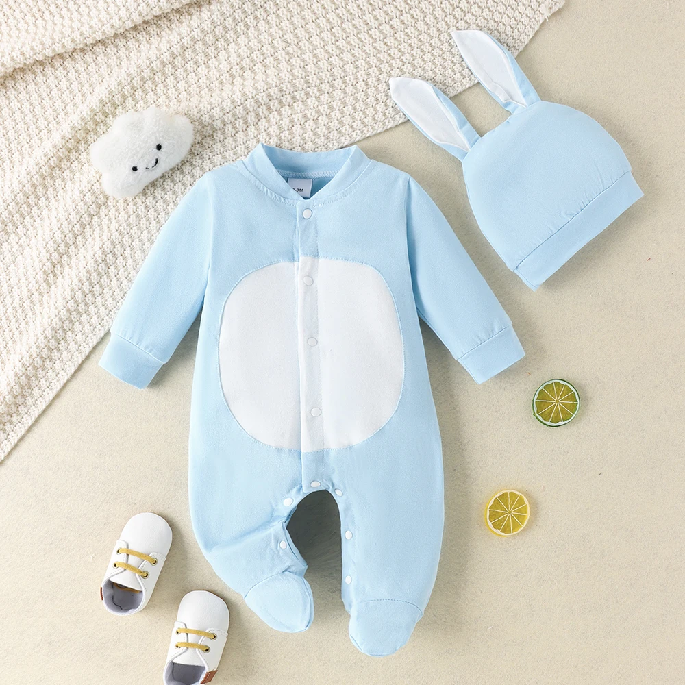 LAPA 0-18M 2Pcs Unisex Baby Set Autumn Long Sleeve Button Footies Jumpsuit+Rabbit Hat New Romper Baby Wrapped Foot Crawling Suit