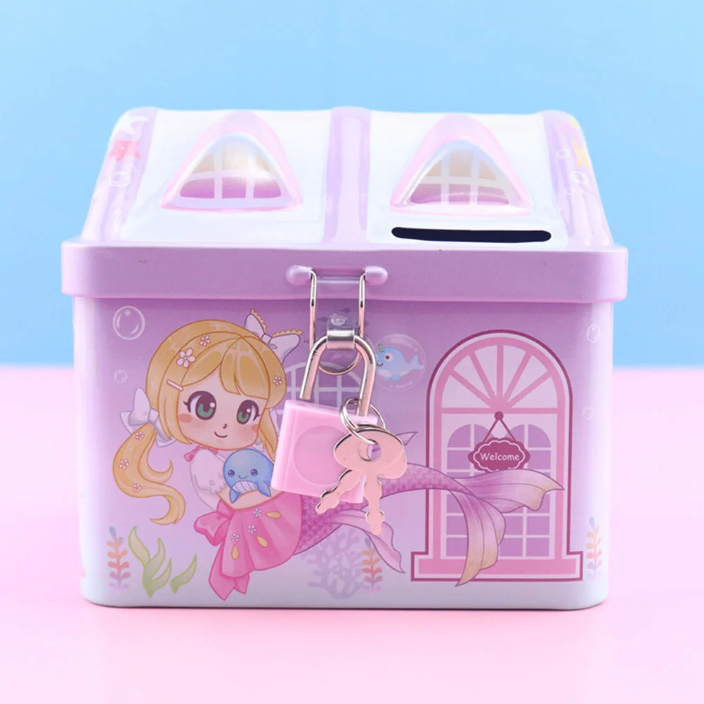 Piggy Bank for Kids Lovely House Shaped Tinplate Holder with Lock Money Saving Jar for Girls Cute Money Box Toy