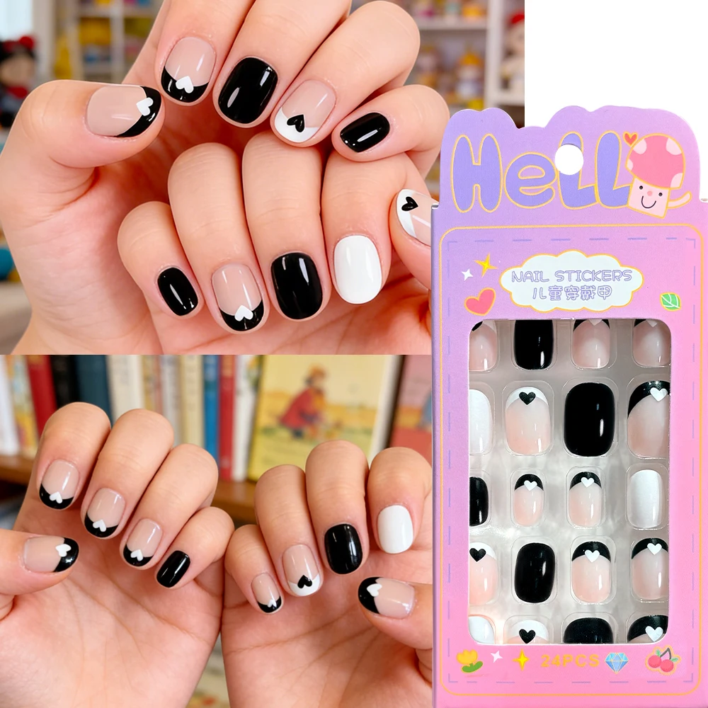 

24Pcs Cute Kids Black White Nude Press On Nails Short Square Heart French False Nails Y2K Style Full Cover Children False Nails
