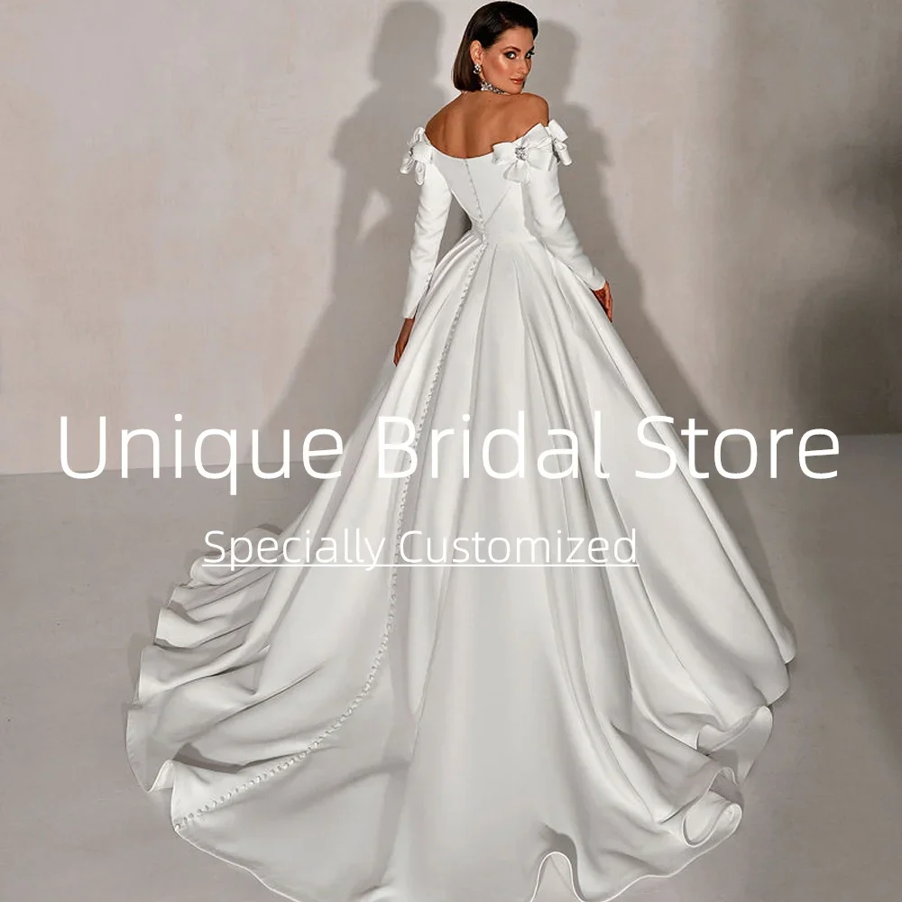 Customized Simple Wedding Dresses Elegant A-line High Quality Smooth Satin Back Button Sweep Train Design Comfortable Bridal Gow