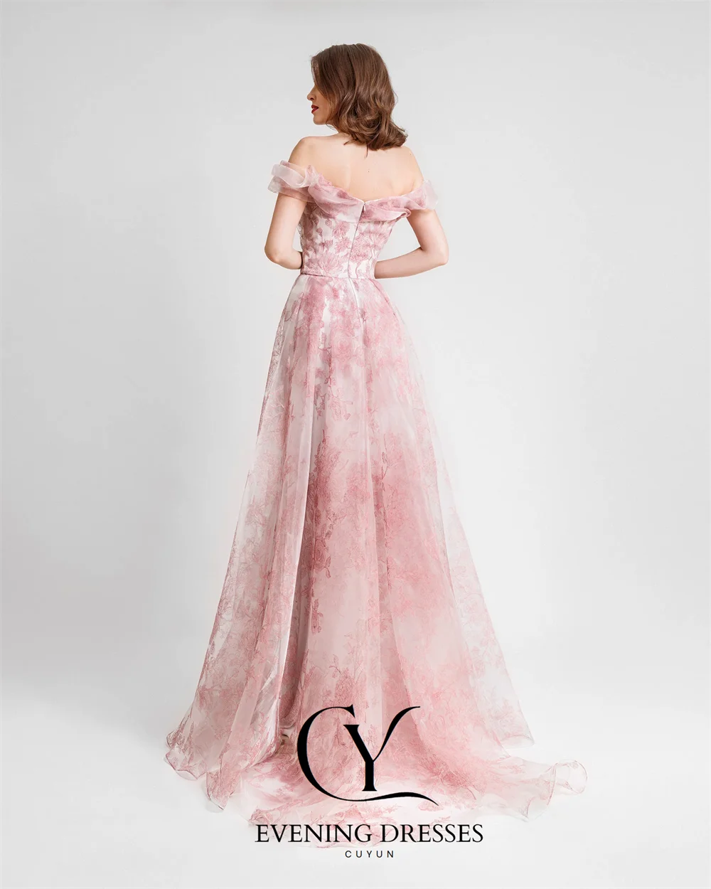 CUYUN فساتين حفلة موسيقية فاخرة منقوشة بالزهور قبالة الكتف مطوي على شكل حرف A فساتين سهرة مخصصة لعيد الميلاد فستان مناسبة رسمية #2