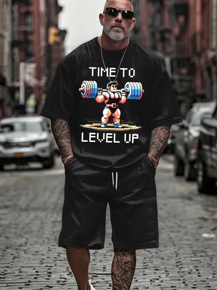 Summer Plus Size Men's Streetwear 2 Piece Outfit Level Up Rooster Alpha Graphic Printed Short Sleeve T-Shirt and Shorts Sets view 4