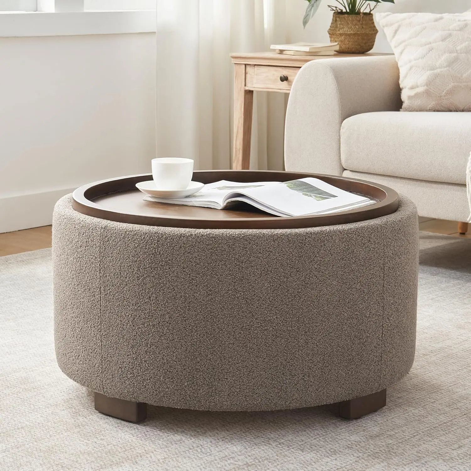 

30 Inch Round Storage Ottoman Coffee Table, Modern Boucle Ottoman With Lift-Off Lid And Solid Wood Legs For Living
