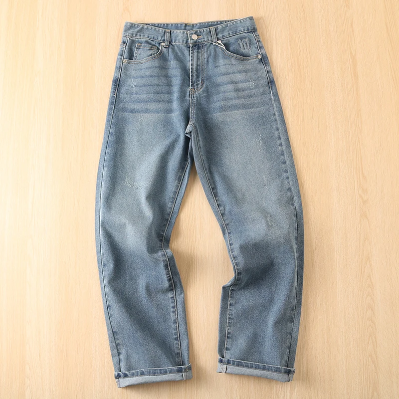 

Comfortable Versatile Men's Embroidered Denim Jeans Straight Leg Spring Season Casual Wear mid Waist Long Pants