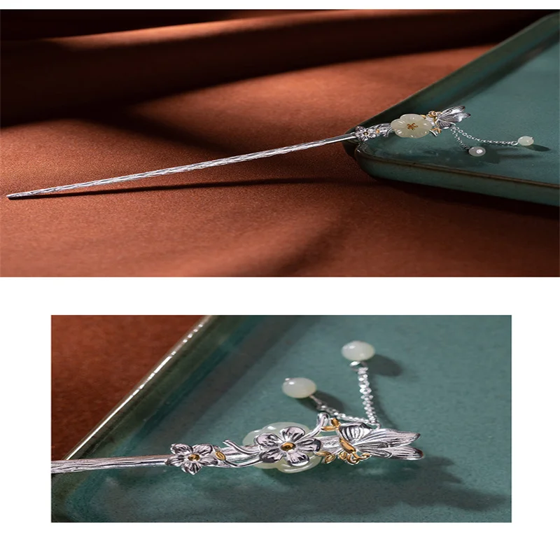 S925 Sterling Silver Hotan Jade Plum Blossom Ancient Hairpin Hanfu Women's Headwear Pan hair Step Shaking Fork Hairpin