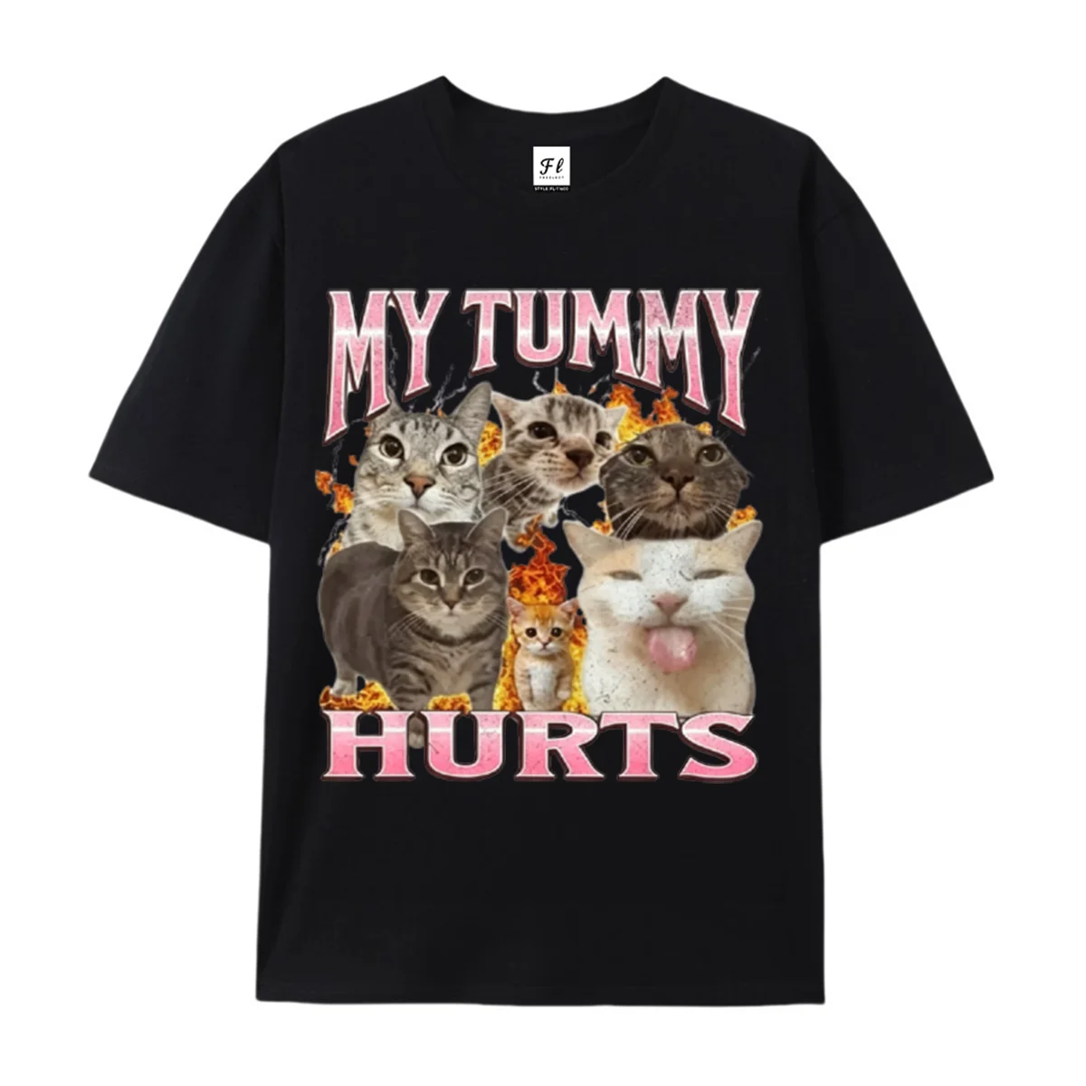 My Tummy Hurts Graphic T‑Shirt Retro Rock Band Style Funny Meme Cats Vintage Distressed Casual Unisex Short Sleeve Pet Humor Tee