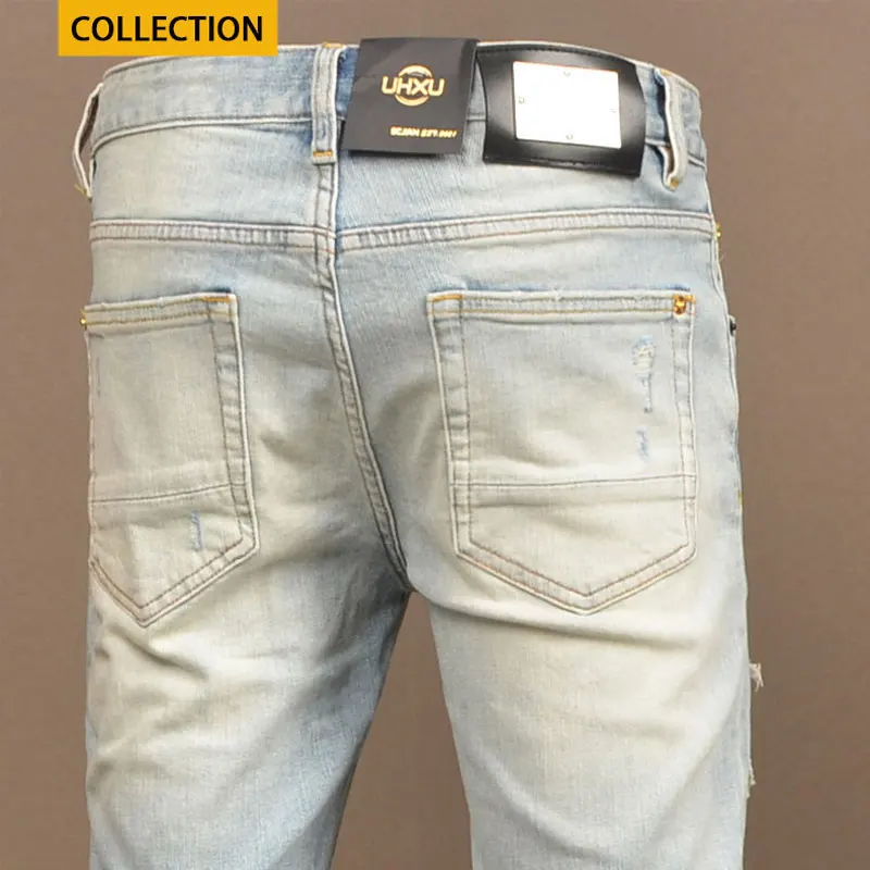 Jeans rasgado elástico azul claro masculino, calça jeans vintage, calça slim fit, designer remendada, moda de rua, retrô, alta qualidade