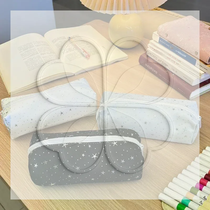 Canvas Pencil Case Multicolor Star Print Large Capacity Zippered Multi-functional Pouch for Travel Stationery Storage