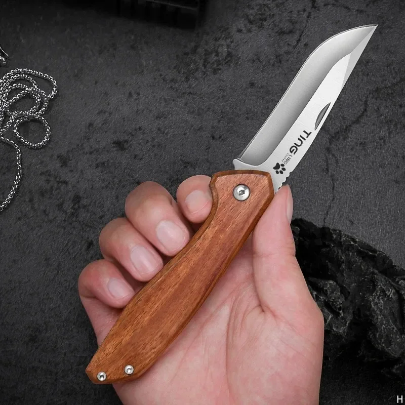 Stainless steel folding knife wooden handle thickened fruit knife sharp and durable household fruit and vegetable peeler