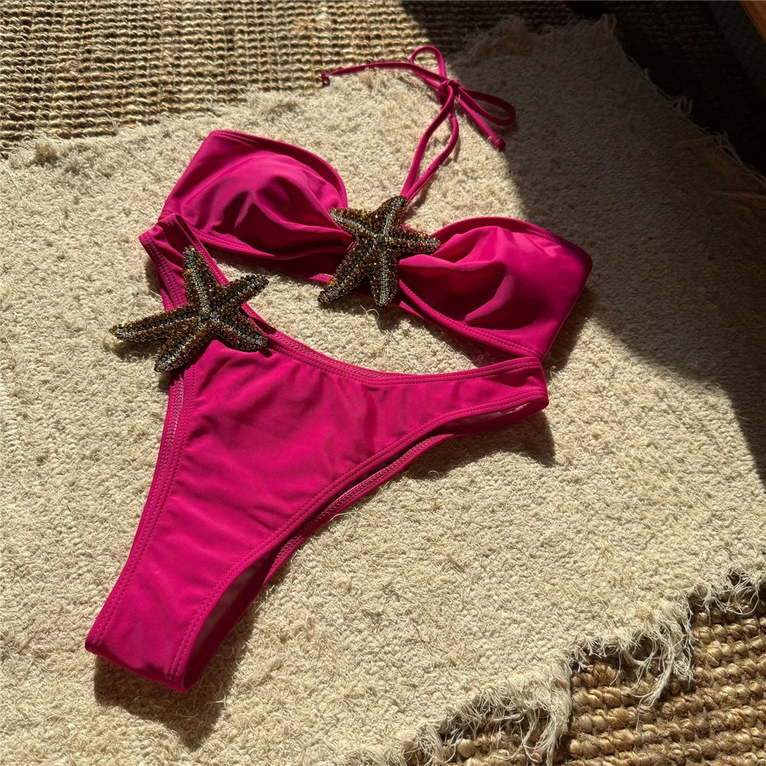 Shiny Star Halter Bikini mit mittlerer Taille, brasilianischer Schnitt, zweiteiliger Badeanzug für Damen, Badebekleidung, Badeanzug, Badehose, Badeanzug V6458 – Detail 14