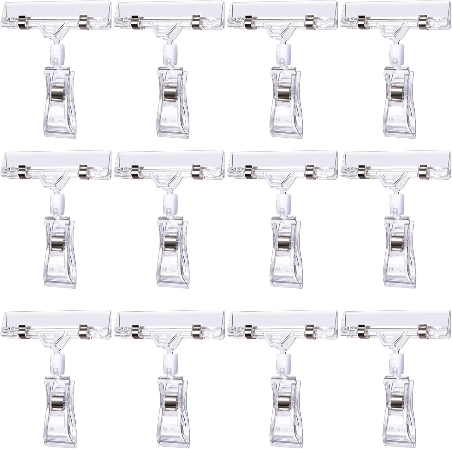 12 Pcs Clear Sign Holder Clips for Display Rotatable Double Sided Clip Plastic Price Rack Shelf Clips Swivel Sign Clips
