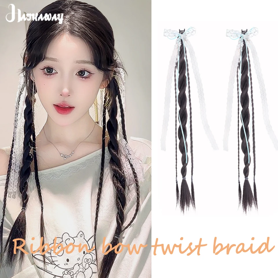 20 inci memutar ekor kuda sintetis wanita Ins angin menangkap klip pita busur Twisted Braid rasa Wig rambut kepang ekor kuda