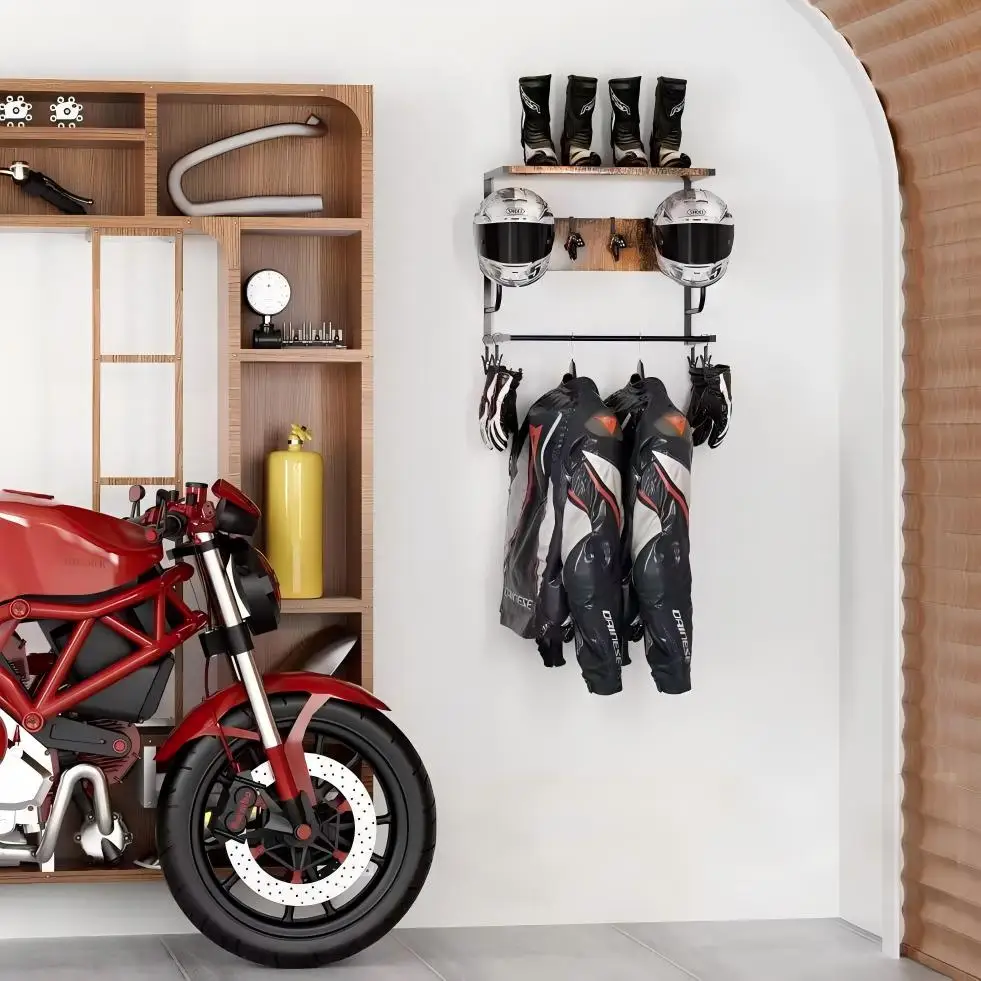 Wall Mounted Helmet Display Rack, Entryway Sports Equipment Hanging Organizer, Multi-Functional Hat Jacket Storage Hook Rack