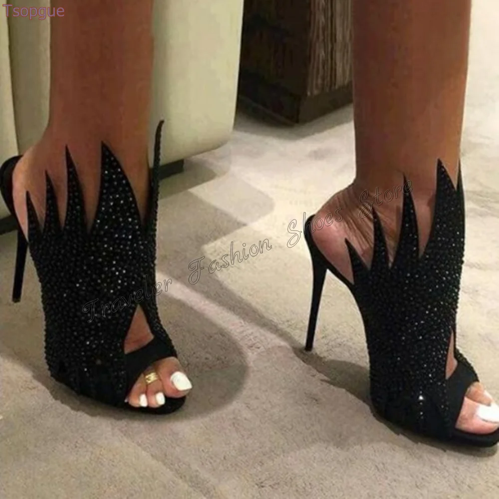 Black Crystal Special design Peep Toe Slippers High Heel Shoes for Women Fashion Sexy Lady Heels Shoes 2024 Zapatos Para Mujere