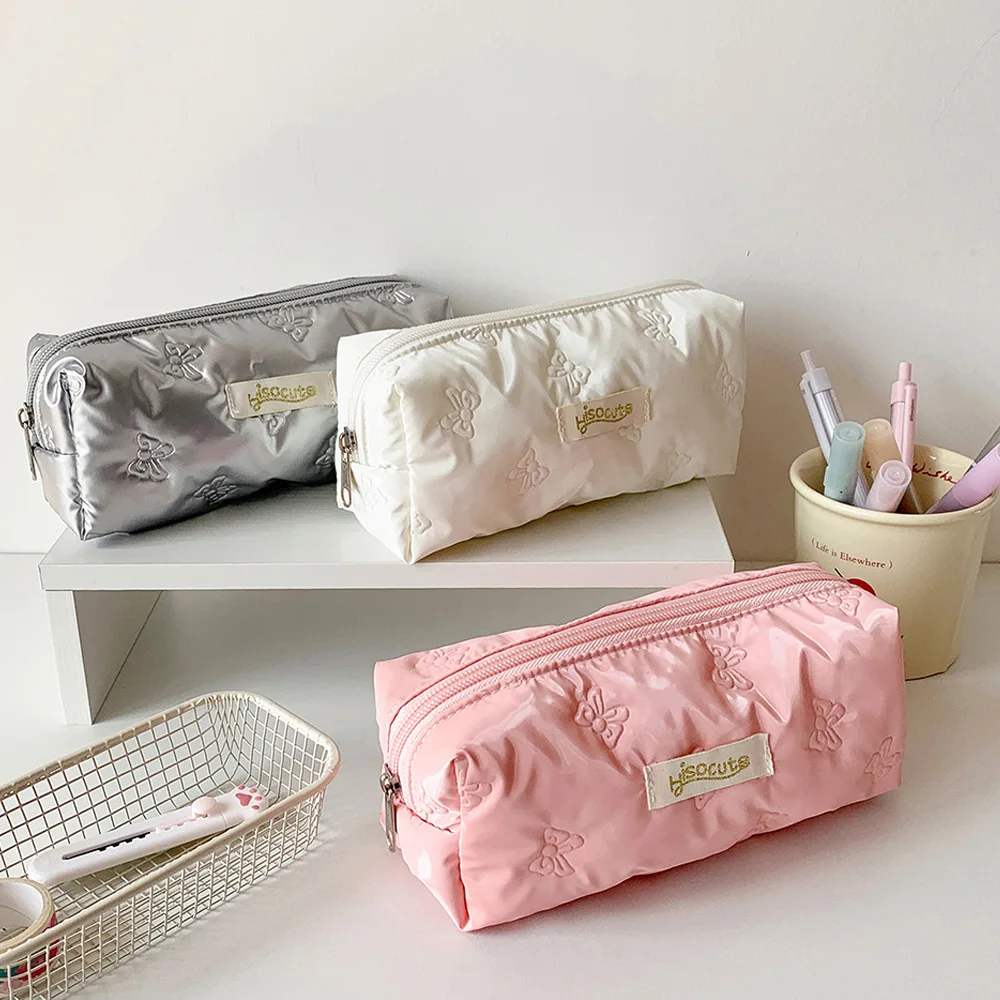 Bowknot Y2K Bow Stationery Bag Desktop Storage Cosmetics Card Pen Korean Style Pencil Case Pink White Silver Large Capacity