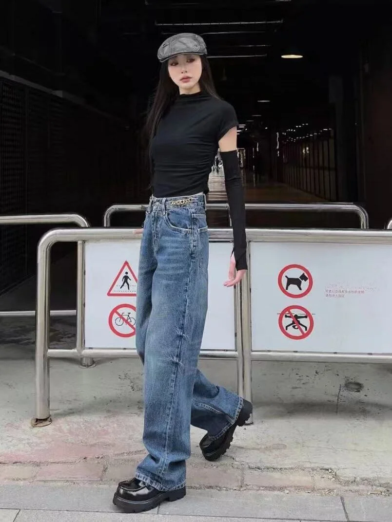 

Джинсы женские с высокой талией, широкими штанинами и цепочкой, винтажные, прямые, свободные, повседневные, синие, из денима, премиум-класса, с возможностью индивидуального пошива