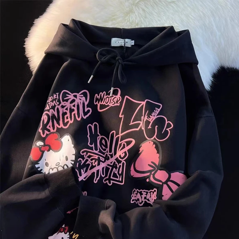 Winter Thickened Sanrios Hellokitty Hooded Sweatshirt for Girls Cartoon Couple Kawaii Plus Velvet Printed Warm Long-Sleeved Top